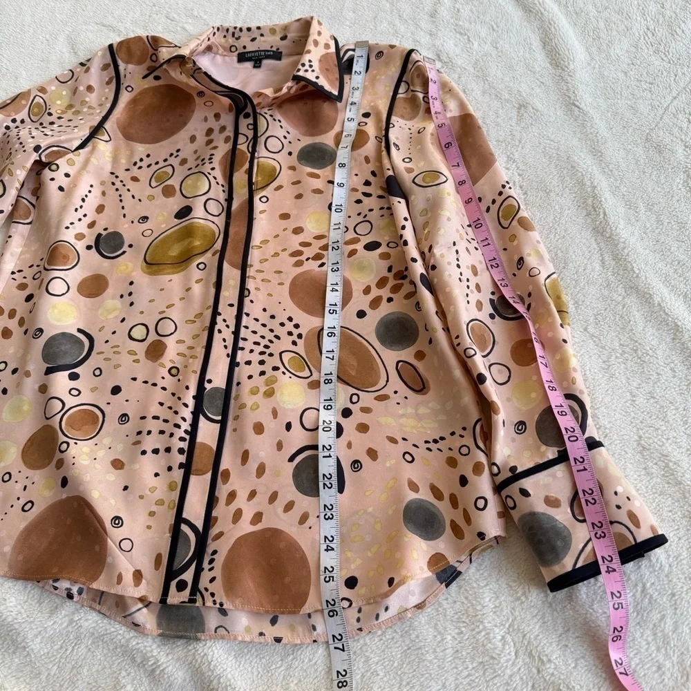 Lafayette 148 NWOT Silk Scottie Print Collar Pink Brown Long Sleeve Shirt S - Picture 5 of 11